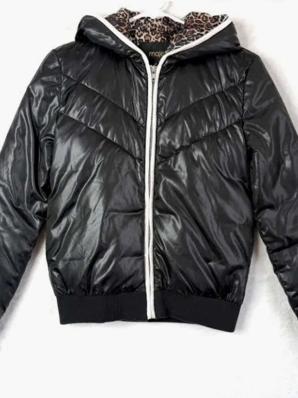 Maje Black Puffer Jacket with White Trim and Leopard Lining